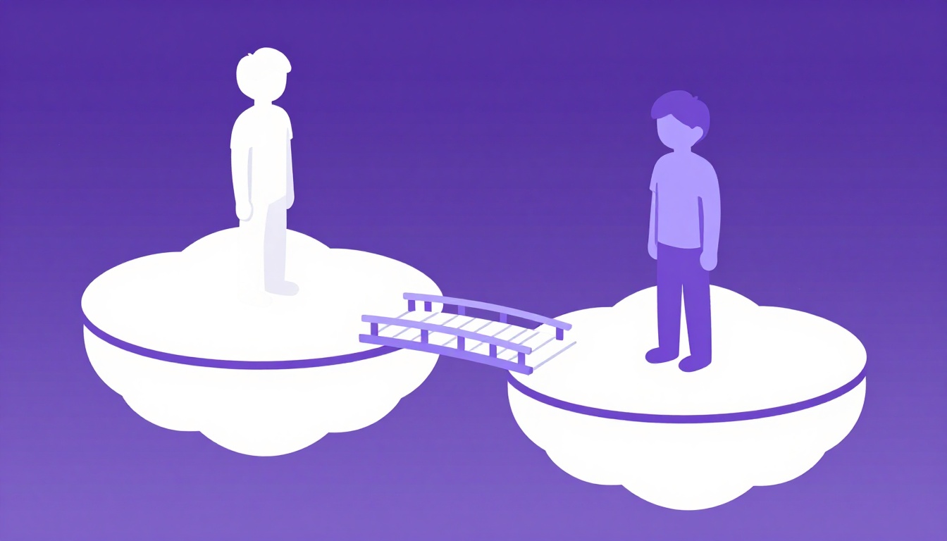 Duas plataformas flutuantes ligadas por uma pequena ponte, com uma pessoa em cada lado, representando a travessia do medo para a confiança ao falar um novo idioma