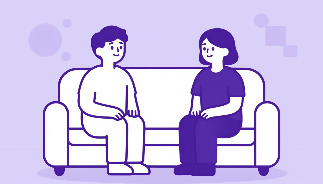 Duas pessoas conversando de forma relaxada em um sofá aconchegante, em um ambiente seguro e informal para praticar a fala