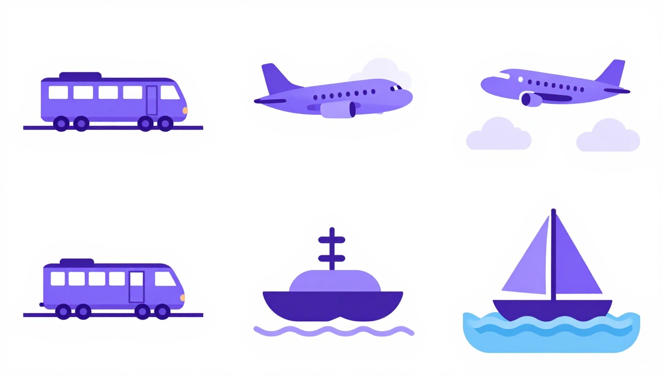 Meios de transporte em inglês agrupados por terra, ar e água: trem, avião e barco à vela