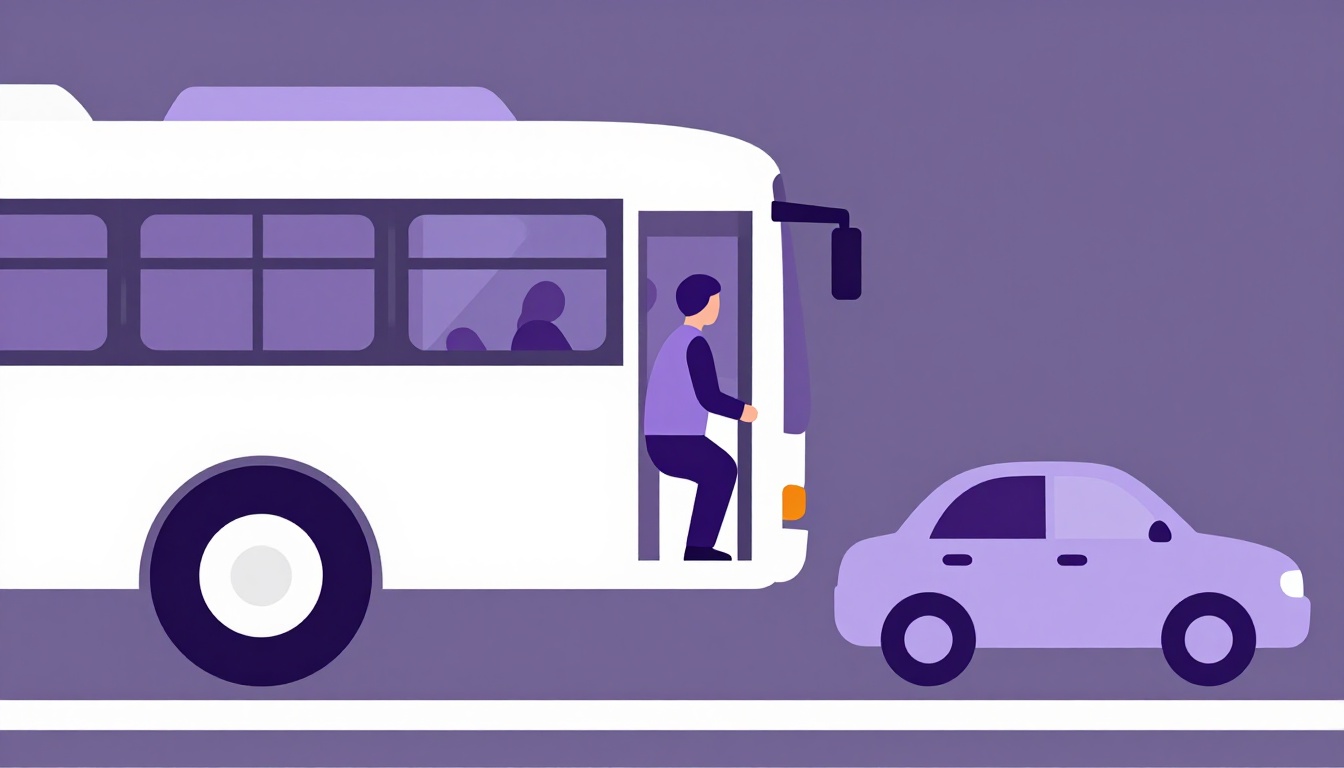 Pessoa entrando em um ônibus, exemplo de "on the bus" em inglês, ao lado de um carro, exemplo de "in a car"
