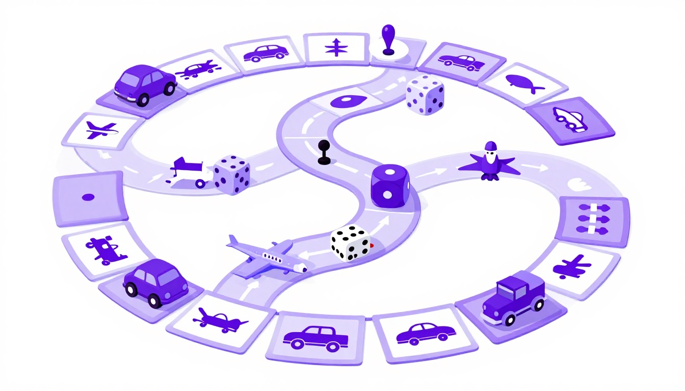 Jogo de tabuleiro com fichas de carro, avião, trem e barco para praticar meios de transporte em inglês