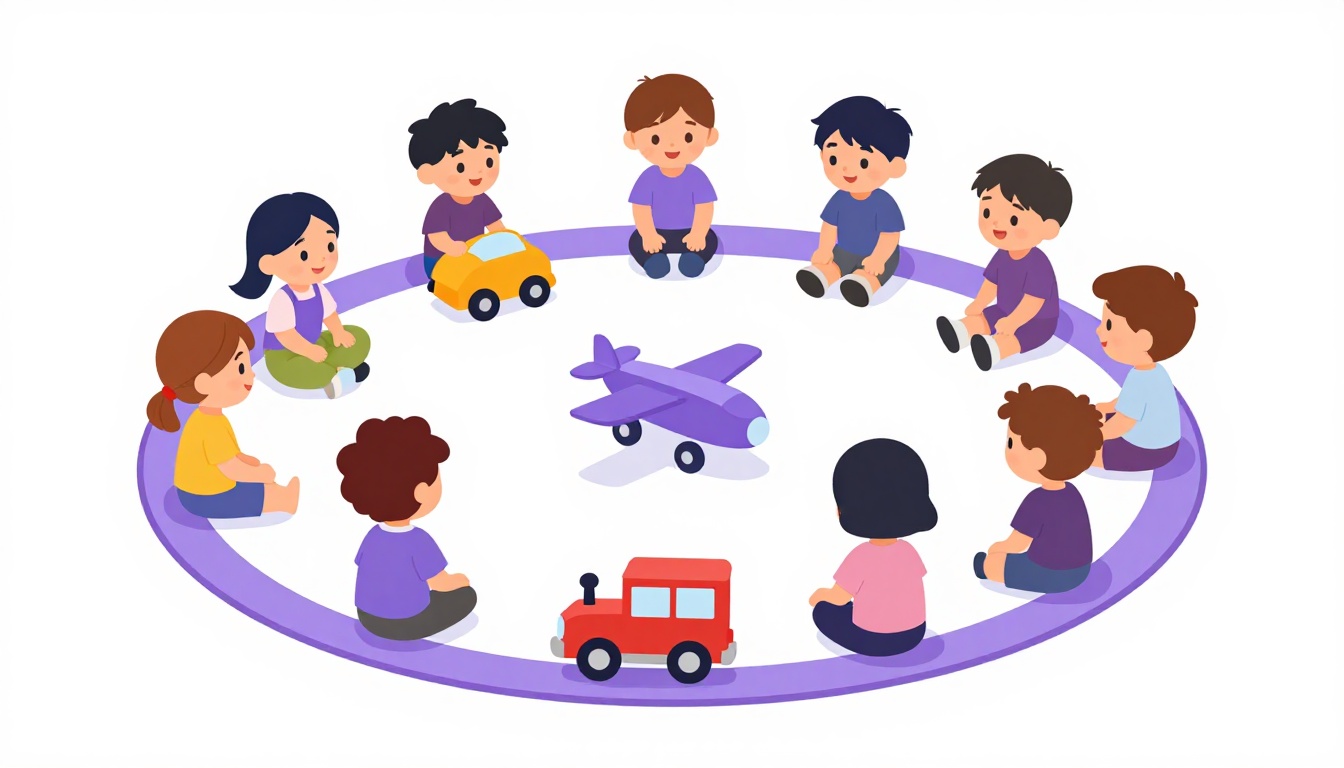Crianças sentadas em roda com carrinho, avião e trem de brinquedo em uma atividade de meios de transporte em inglês