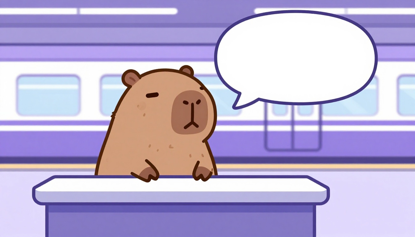 Capivara na bilheteria de uma estação de trem com um balão de fala vazio, treinando diálogo de transporte em inglês