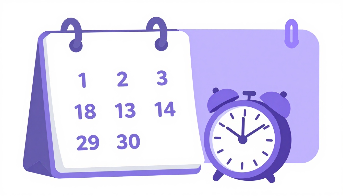 Calendário de parede com um relógio ao lado, representando o tempo necessário para ficar fluente em inglês