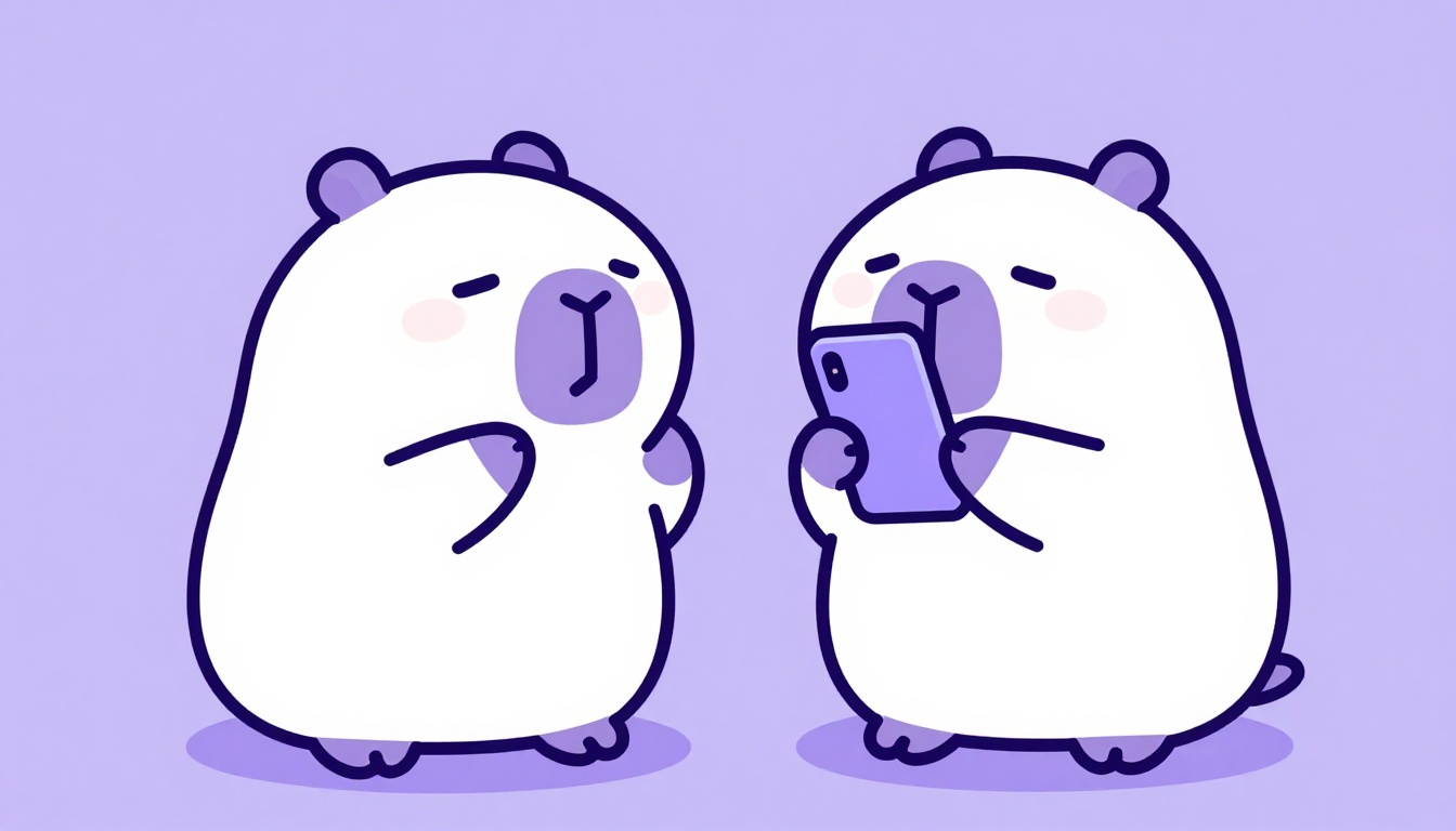 Capy, a capivara mascote do Comigo, falando em um celular durante uma prática de conversação em inglês