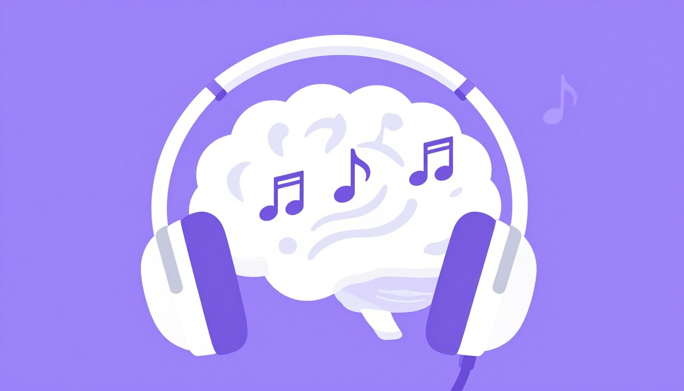 Fones de ouvido com notas musicais entrando em um cérebro, representando como as músicas em inglês grudam na memória