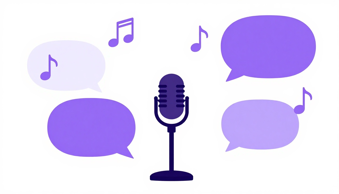 Microfone com balões de fala vazios e notas musicais, ilustrando cantar junto para treinar a pronúncia em inglês