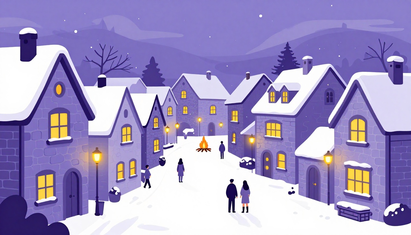 Cozy European village at night during Christmas with a bonfire lighting up the snow covered street