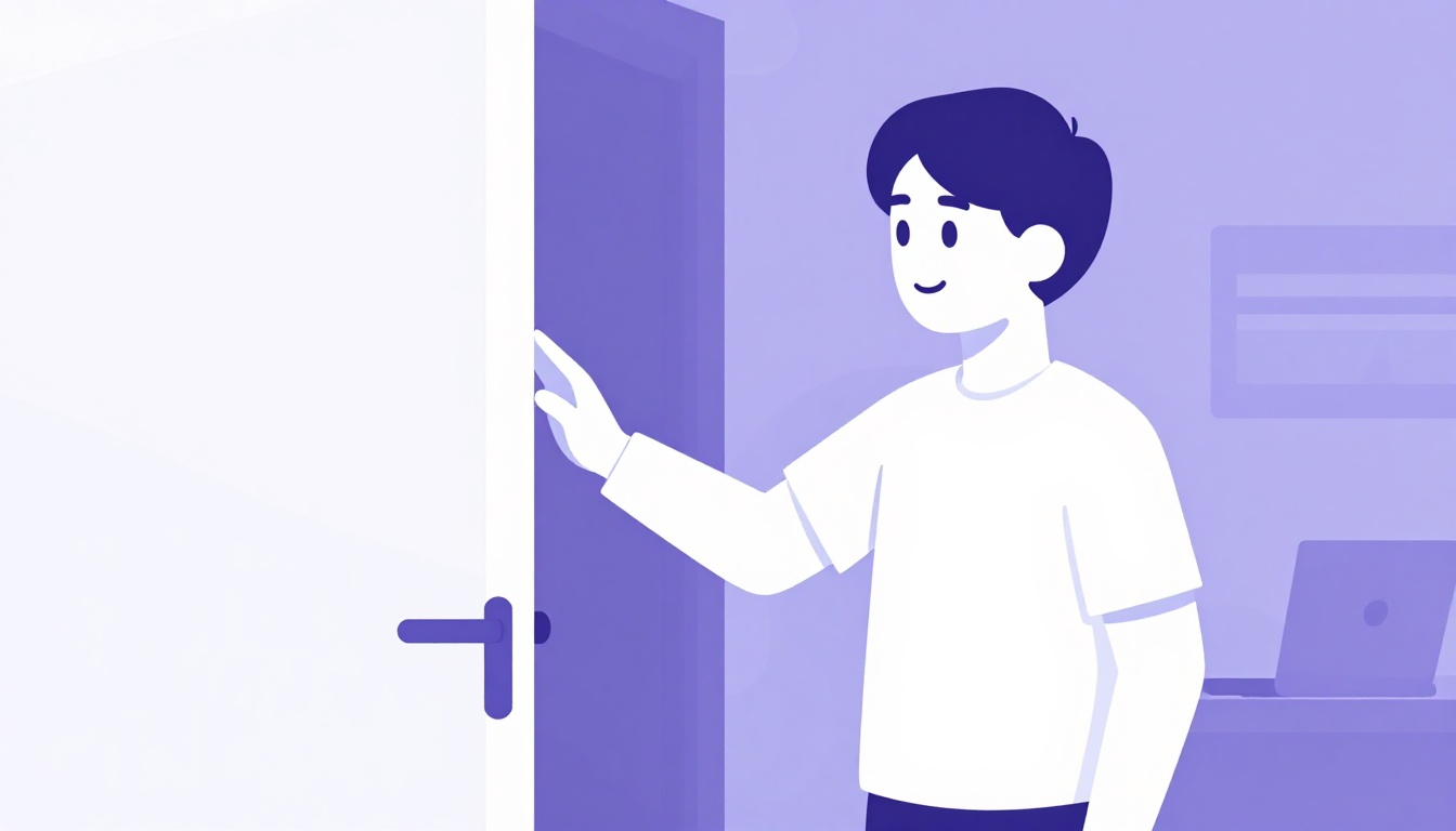 Uma pessoa batendo educadamente na porta de um escritório para pedir para entrar, enquanto outra pessoa sorri e recebe bem
