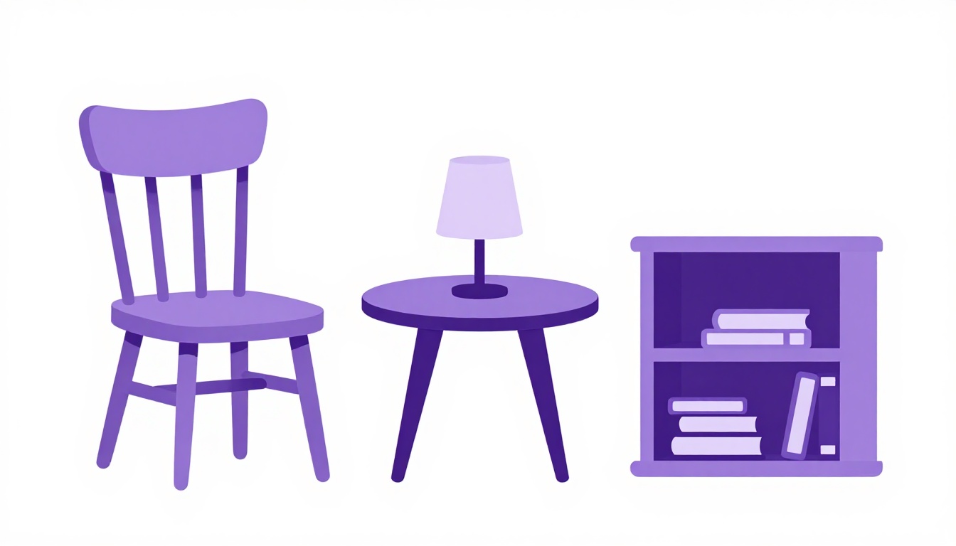 Catálogo com móveis separados, como cadeira, mesa de canto com luminária e estante, ilustrando a lista de móveis em inglês