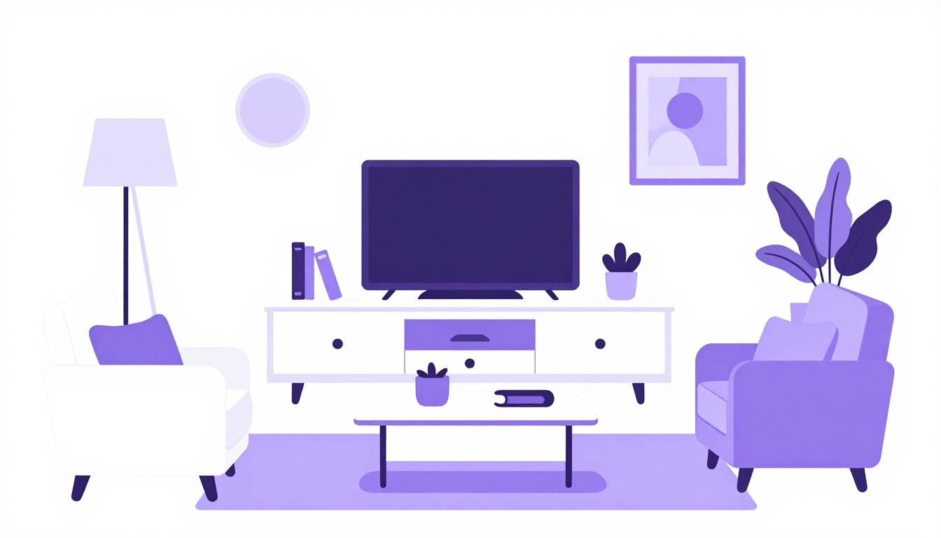 Sala de estar aconchegante com sofá, poltrona, mesa de centro e estante, ilustrando os móveis da sala em inglês
