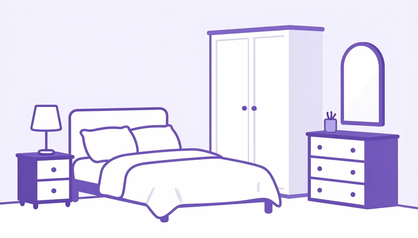Quarto com cama, cabeceira, criado-mudo, guarda-roupa e cômoda, ilustrando os móveis do quarto em inglês