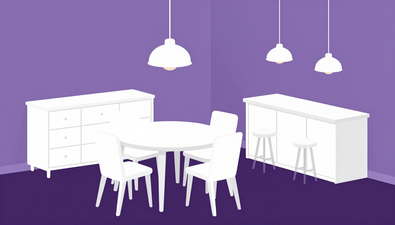 Sala de jantar com mesa, cadeiras e aparador, ao lado de uma cozinha com ilha central e banquetas, ilustrando móveis em inglês
