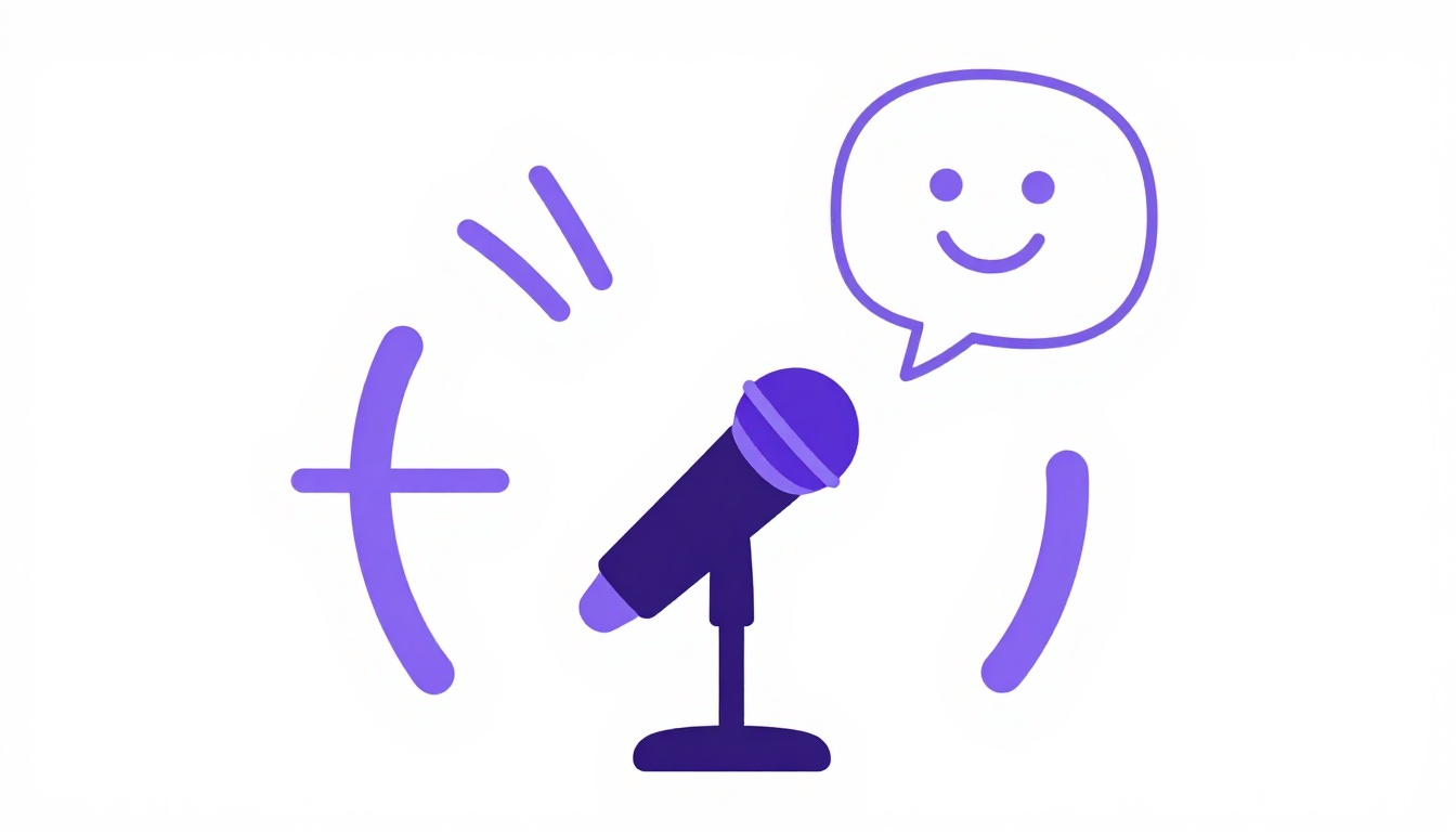 A microphone with sound waves and a smiling speech bubble representing pronunciation of nice to meet you in Portuguese