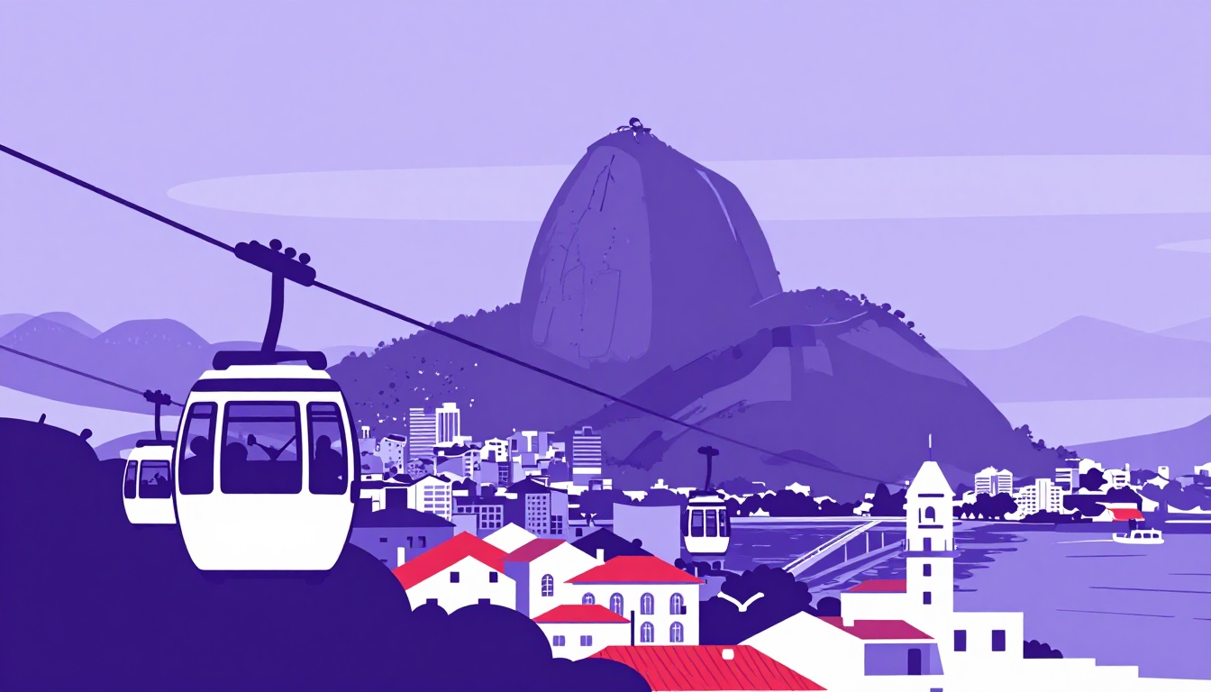 Rio cable car, Sugarloaf mountain and Lisbon rooftops, showing Brazil and Portugal