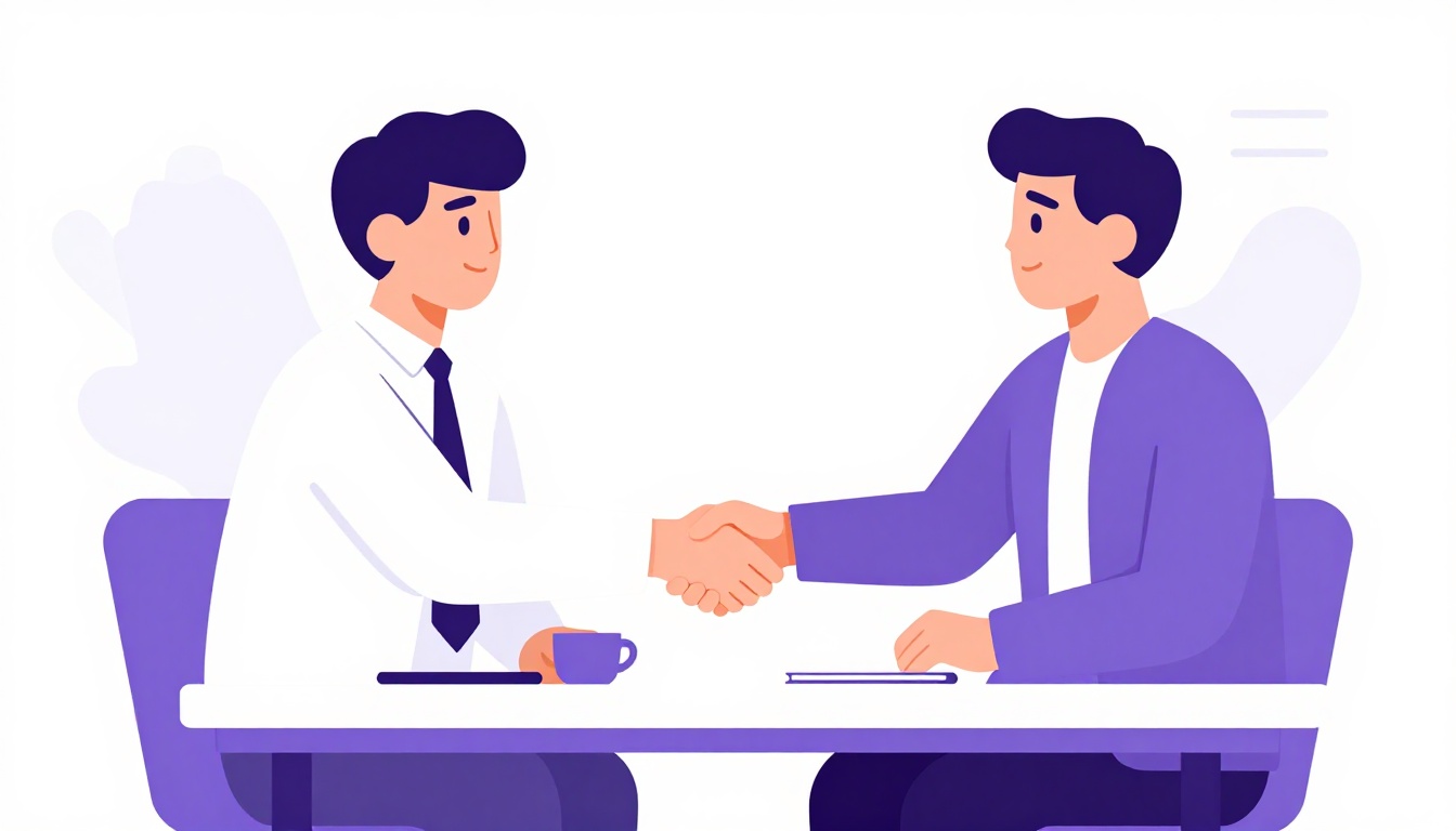 Two people shaking hands across a meeting table in a formal business setting