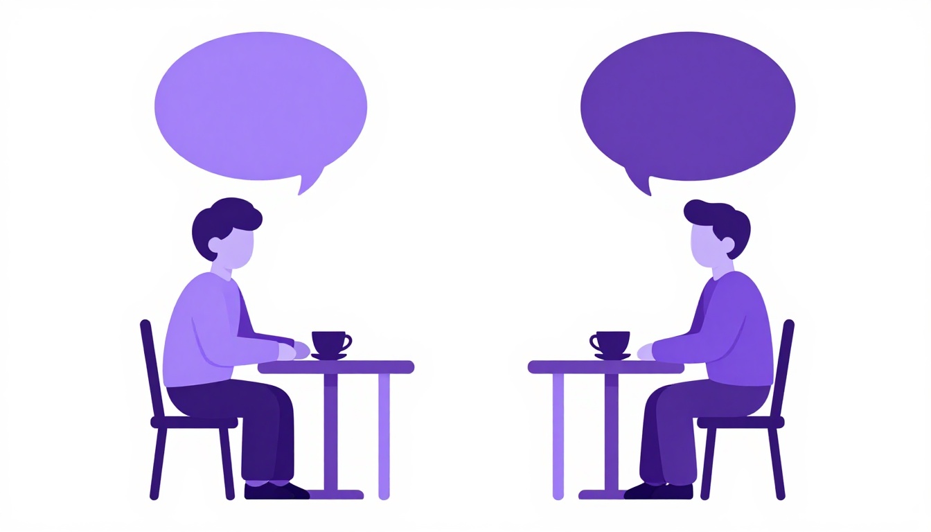 Two friends at a cafe table with empty speech bubbles waiting for a reply
