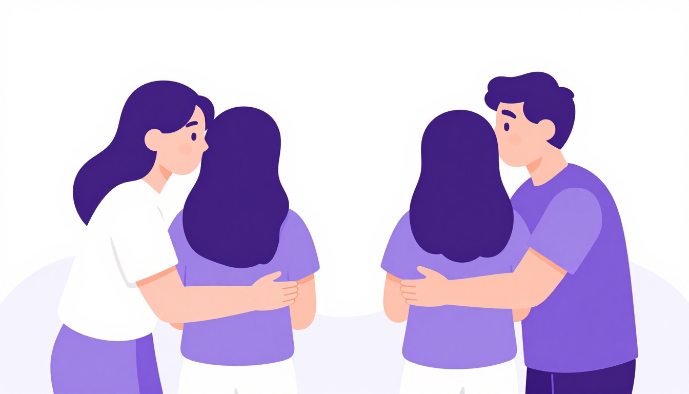Friends greeting with cheek kisses and hugs at a party
