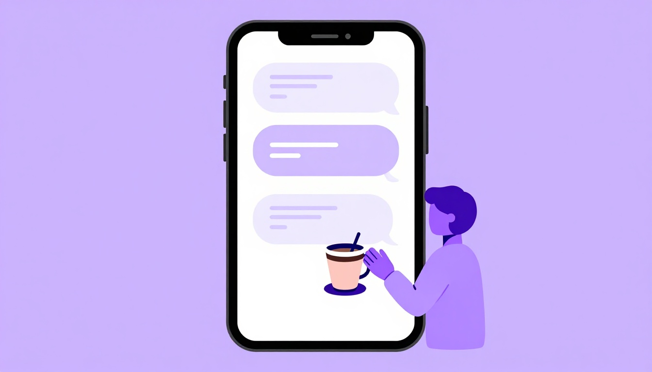 A phone with chat bubbles and a coffee cup, for texting and saying nice to have met you in Portuguese