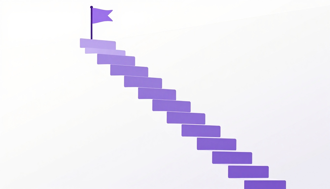 Uma escada com degraus subindo em direção a uma bandeira no topo, representando a progressão entre os níveis de inglês