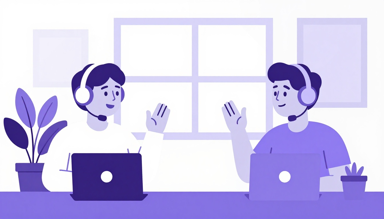 Duas pessoas conversando por videochamada em um ambiente de home office, cada uma com fone de ouvido e notebook