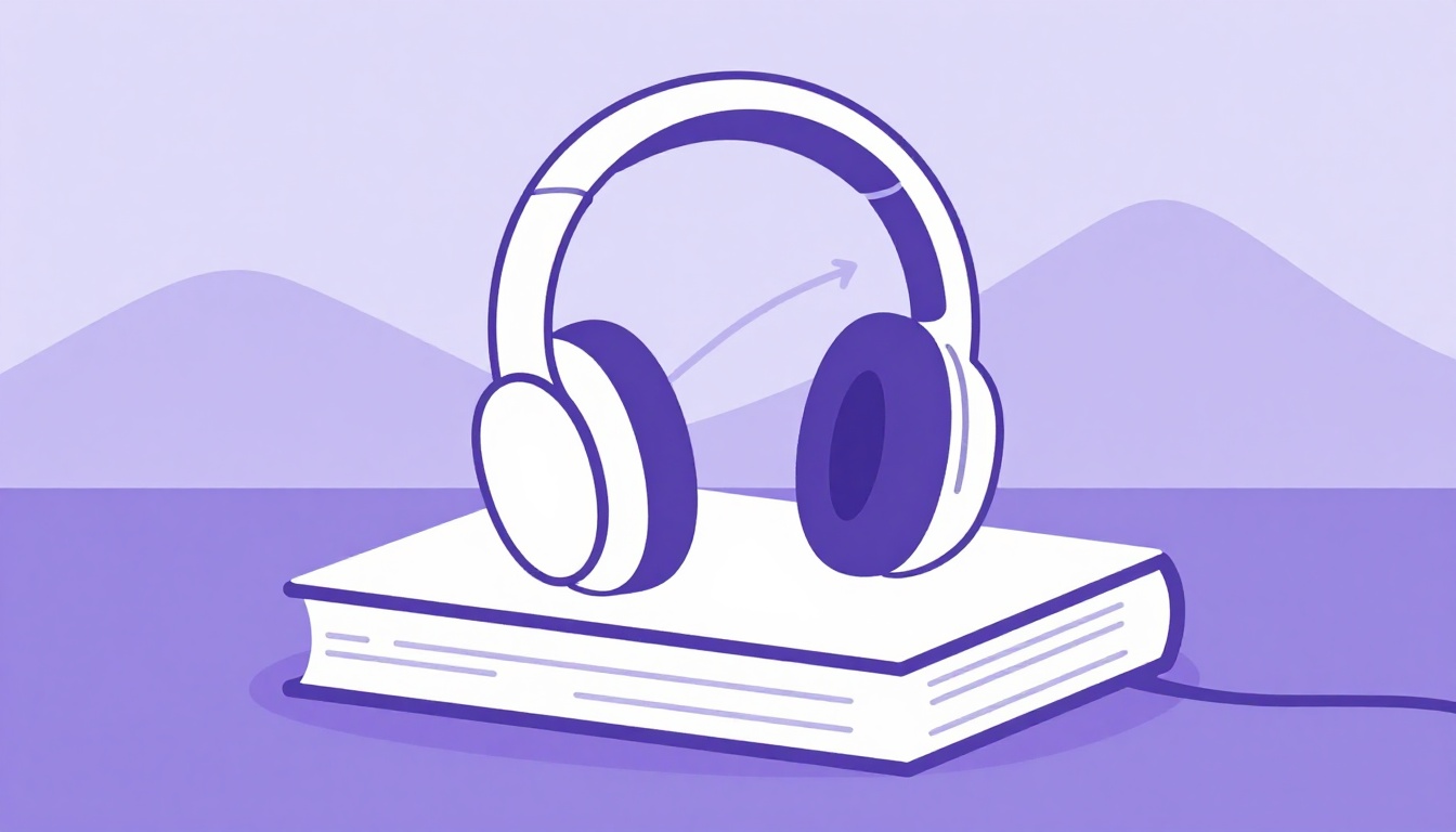 Auriculares descansando sobre un libro cerrado con un camino de montaña ascendente de fondo