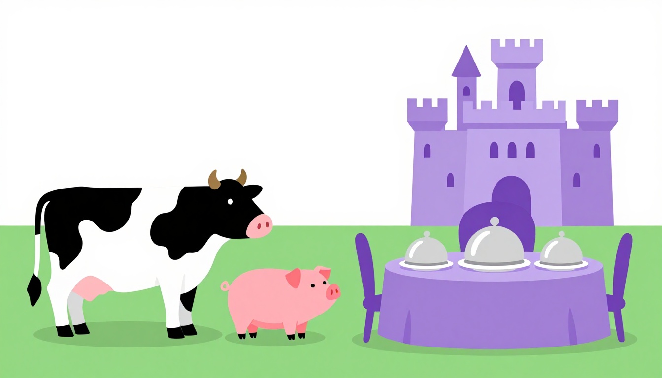 Uma vaca e um porco num pasto verde à esquerda, e um castelo com uma mesa de cúpulas de prata à direita, ilustrando por que cow vira beef e pig vira pork