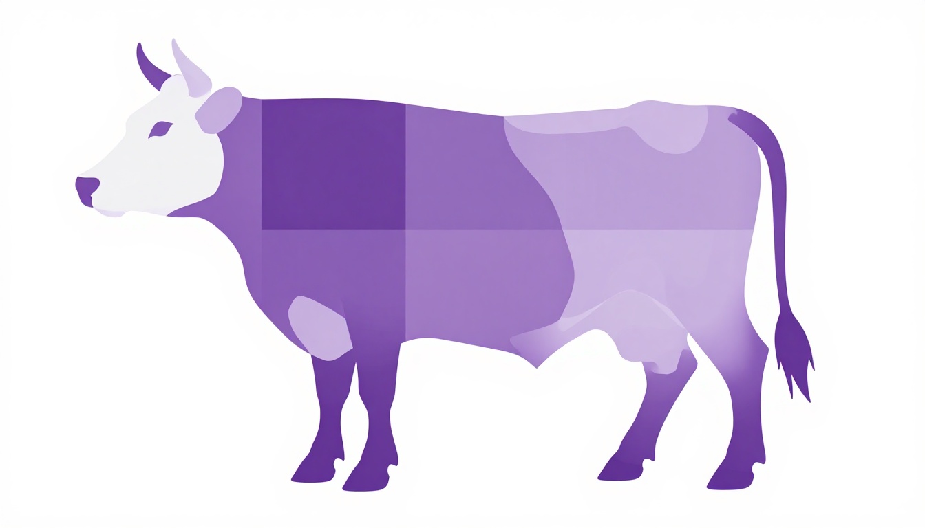 Silhueta roxa estilizada de uma vaca dividida em seções, como um mapa de açougueiro, mostrando os cortes de carne bovina em inglês