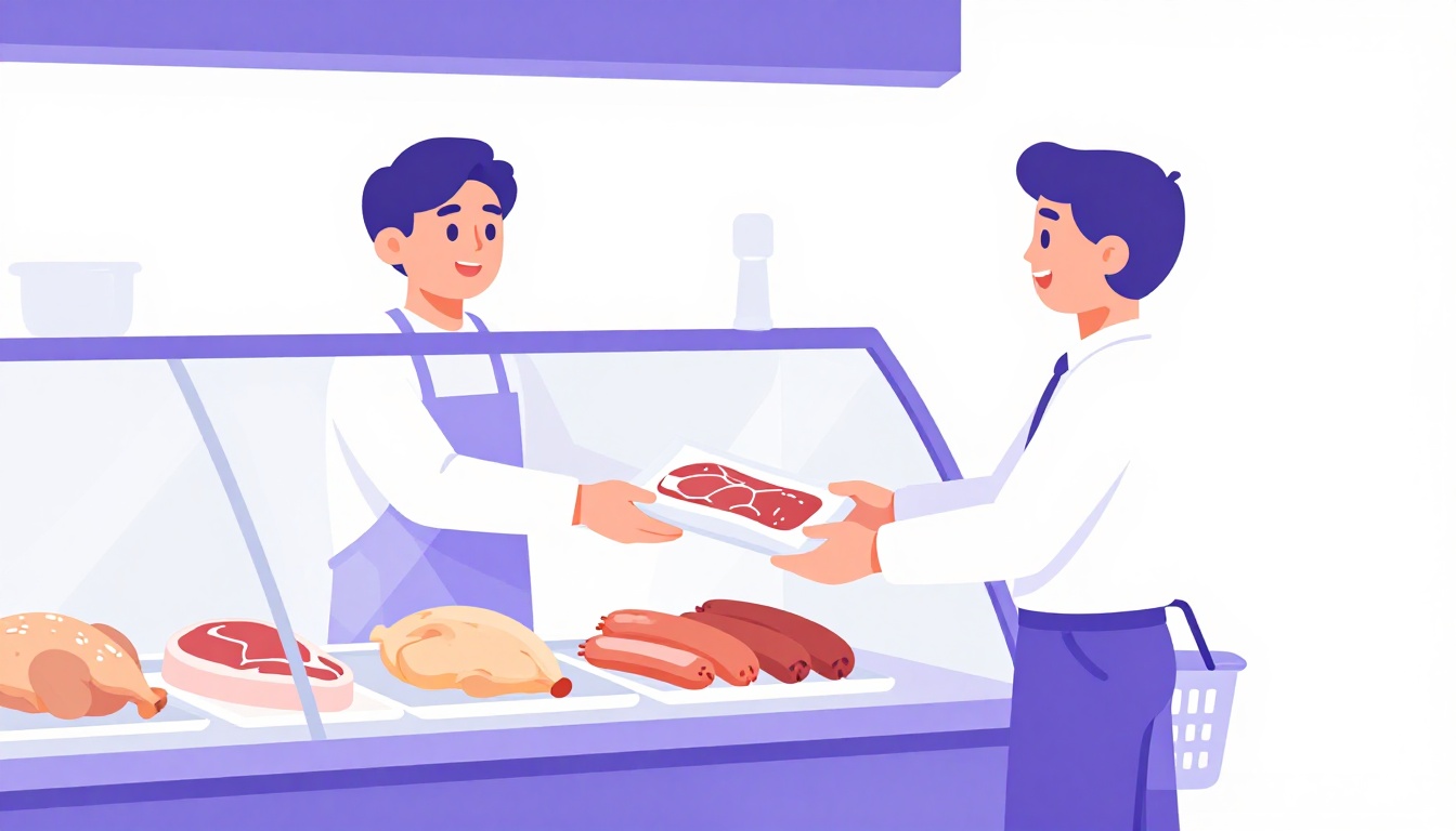 Um açougueiro entregando um bife embalado para uma cliente por cima de uma vitrine de vidro, cena de como pedir carne em inglês