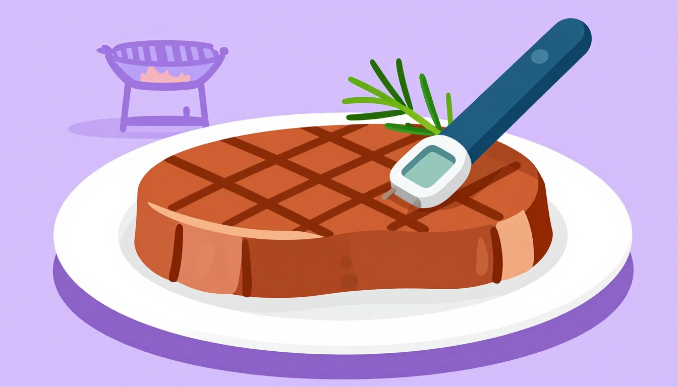 Um bife grelhado num prato com um termômetro de carne espetado, e uma pequena grelha ao fundo, ilustrando o ponto da carne em inglês