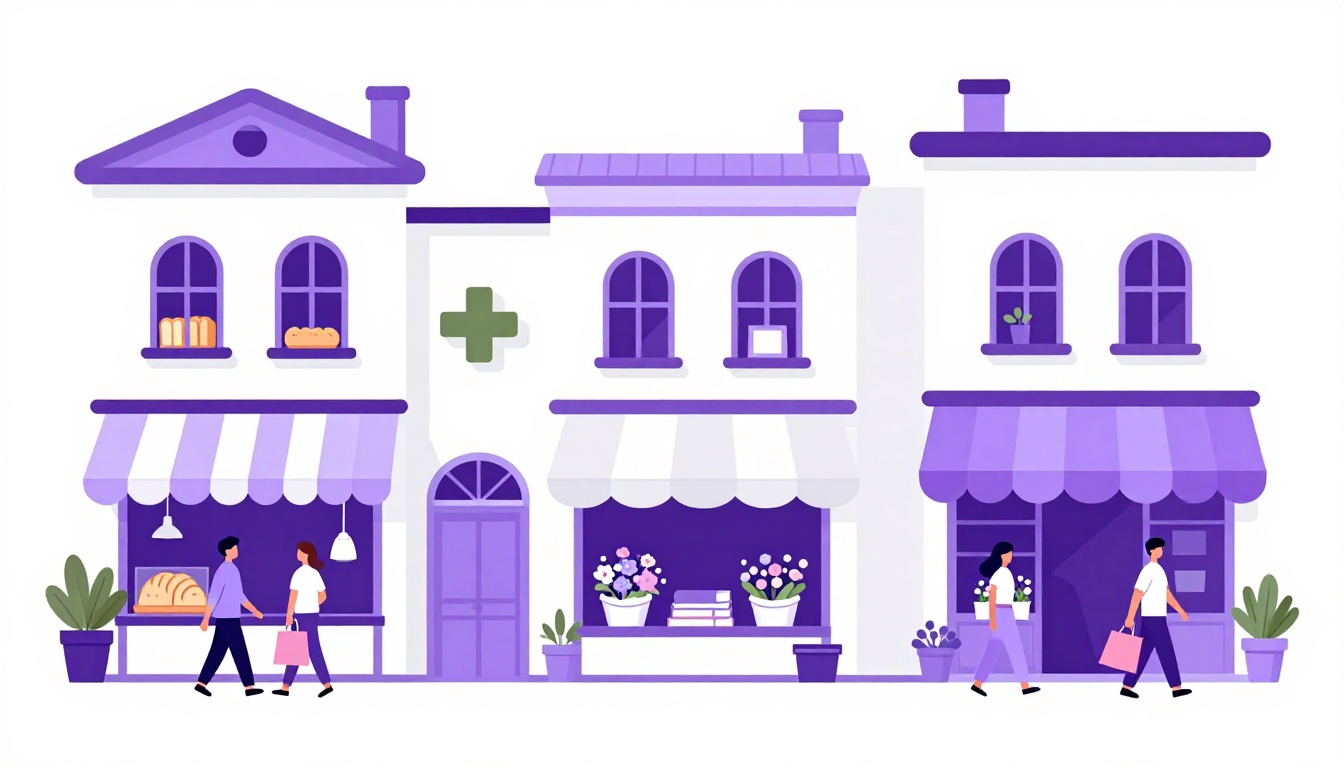 Rua comercial com padaria, farmácia, livraria e floricultura, mostrando o nome de lugares em inglês no dia a dia