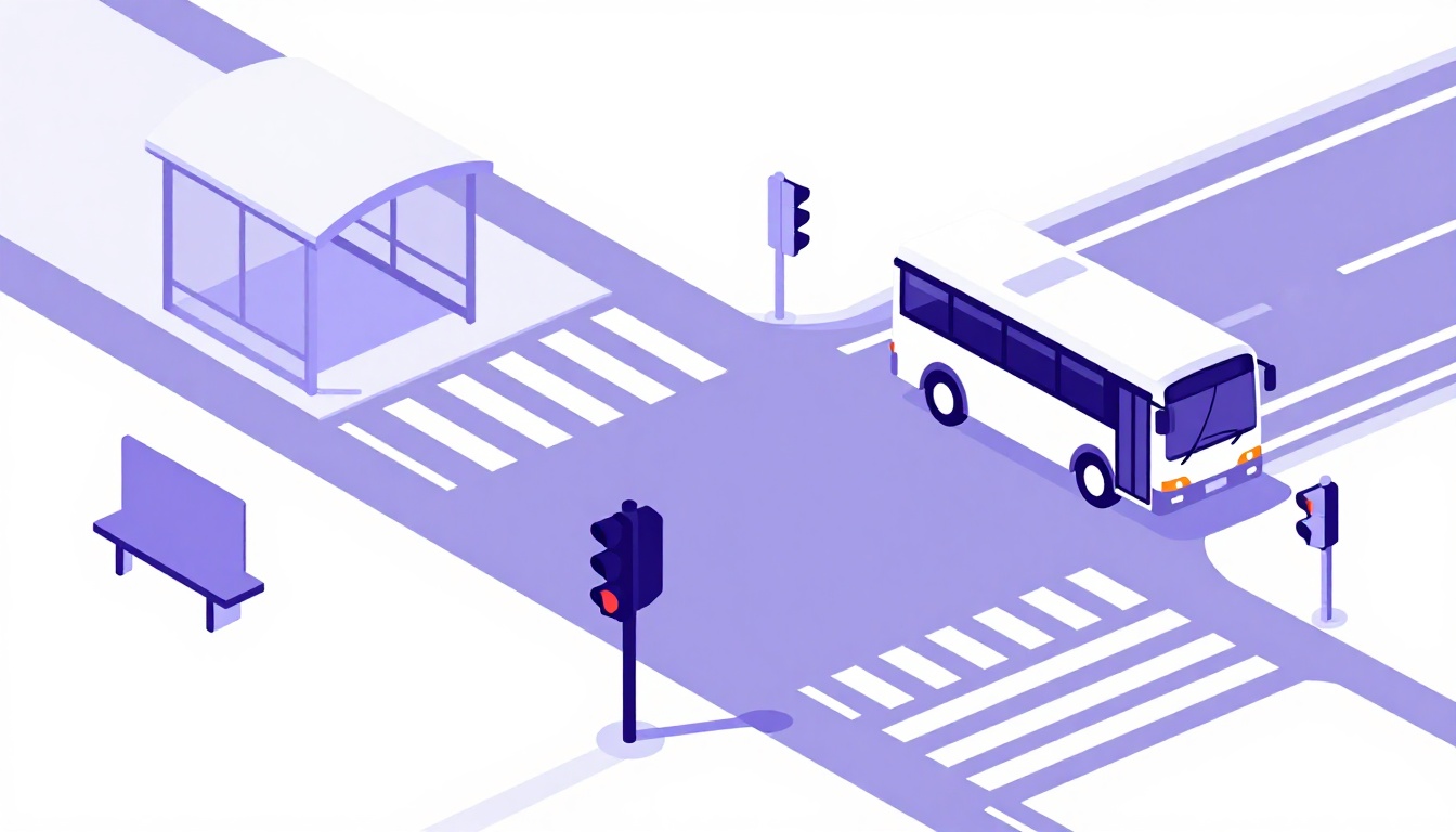 Faixa de pedestres, semáforo, ponto de ônibus e entrada de metrô em uma esquina movimentada