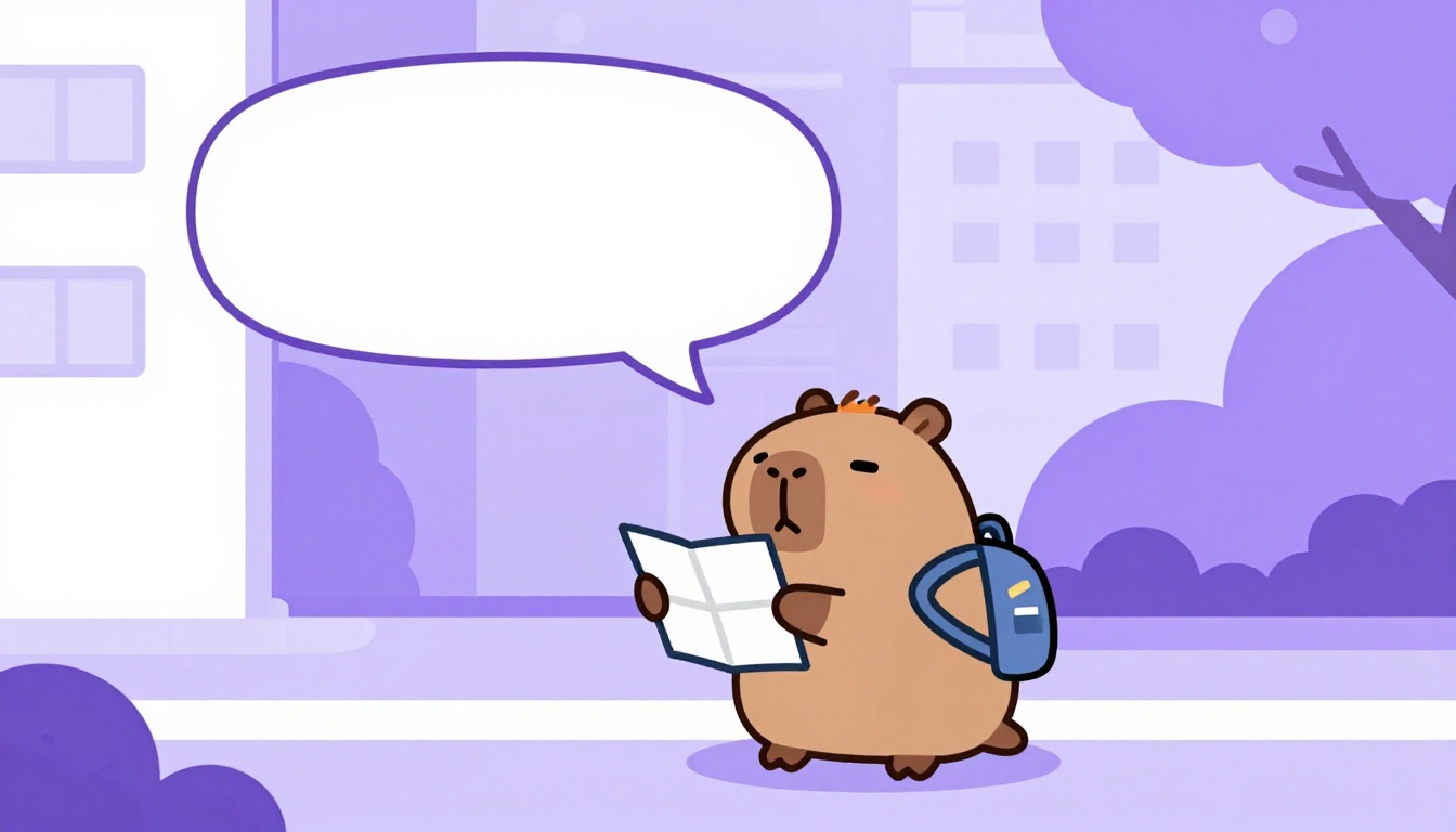 Capy, a capivara do Comigo, com mochila e um mapa de papel numa rua da cidade