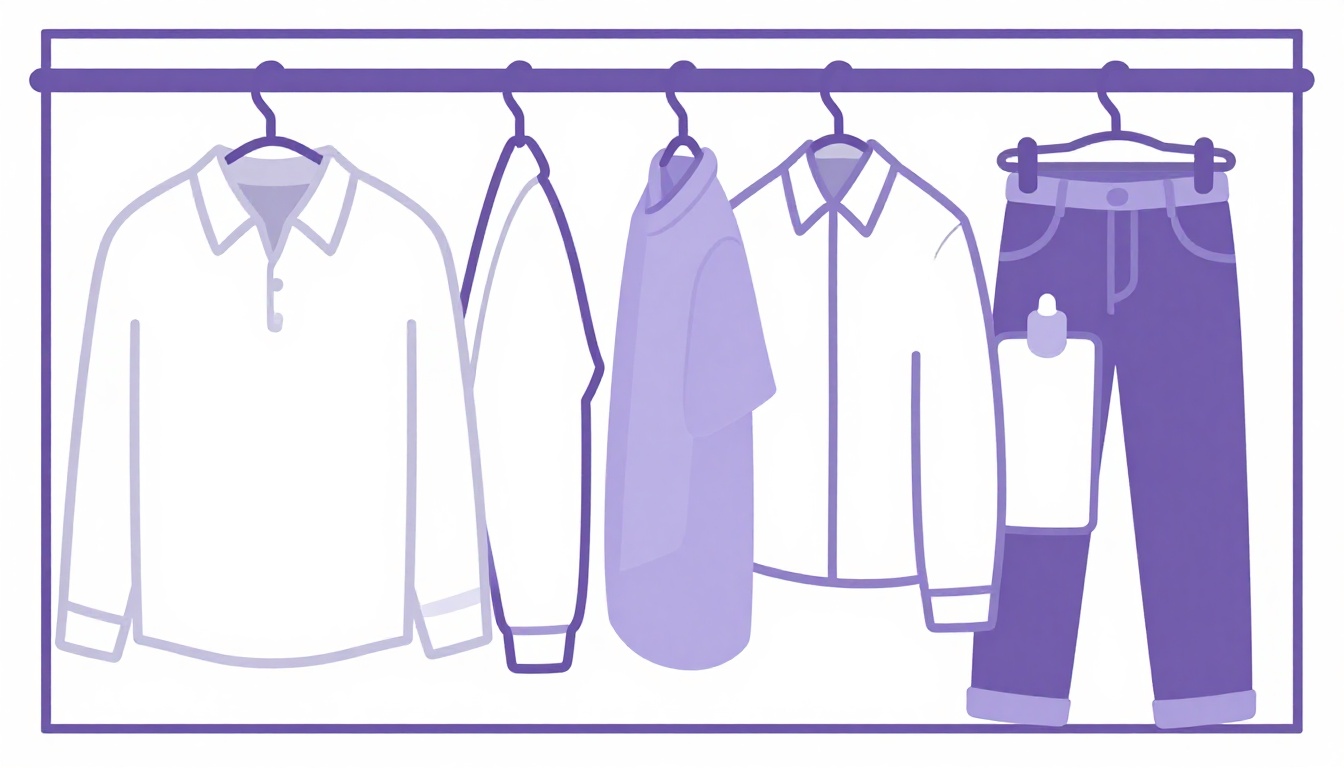 Guarda-roupa organizado com camisas, calças jeans e suéteres dobrados, representando o vocabulário de nome de roupas em inglês