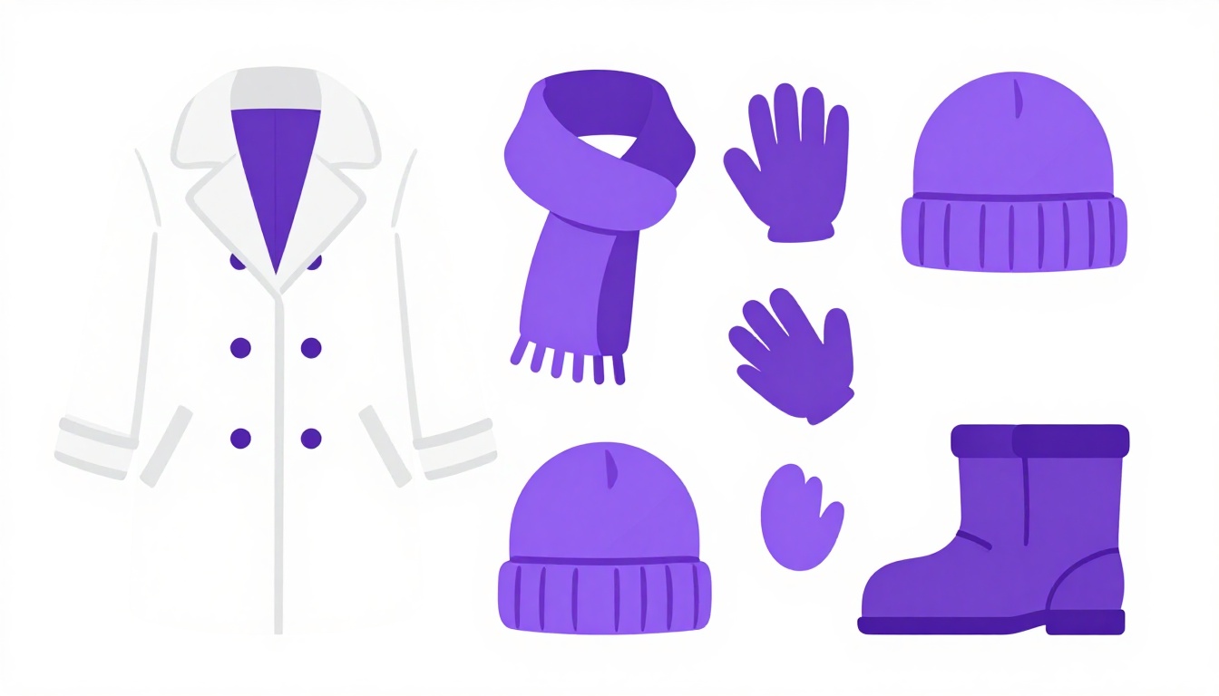 Flat lay de roupas de inverno em inglês: casaco, cachecol, luvas, gorro e botas organizados sobre fundo claro