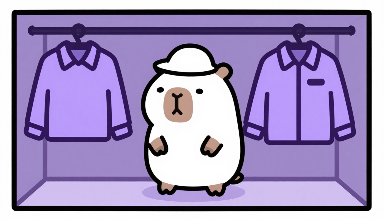 Capivara mascote escolhendo roupas em seu próprio guarda-roupa, ilustrando o vocabulário de roupas em inglês de forma lúdica