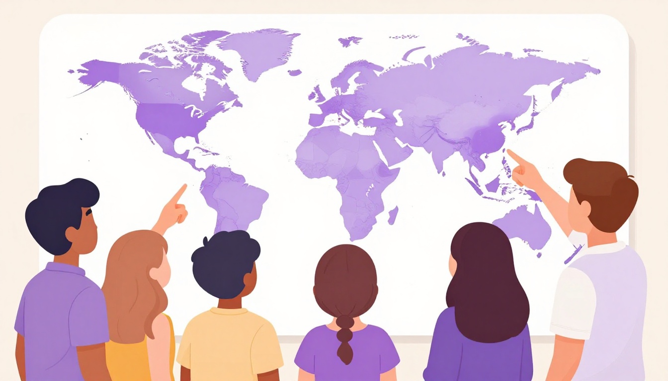 Grupo de amigos apontando para diferentes países num mapa múndi na parede