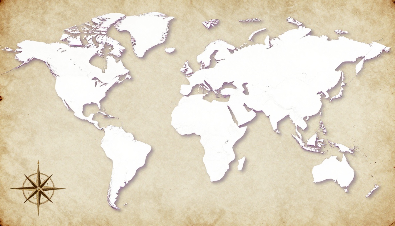 Mapa múndi antigo estilo vintage com navios e bússola, simbolizando os nomes históricos dos países
