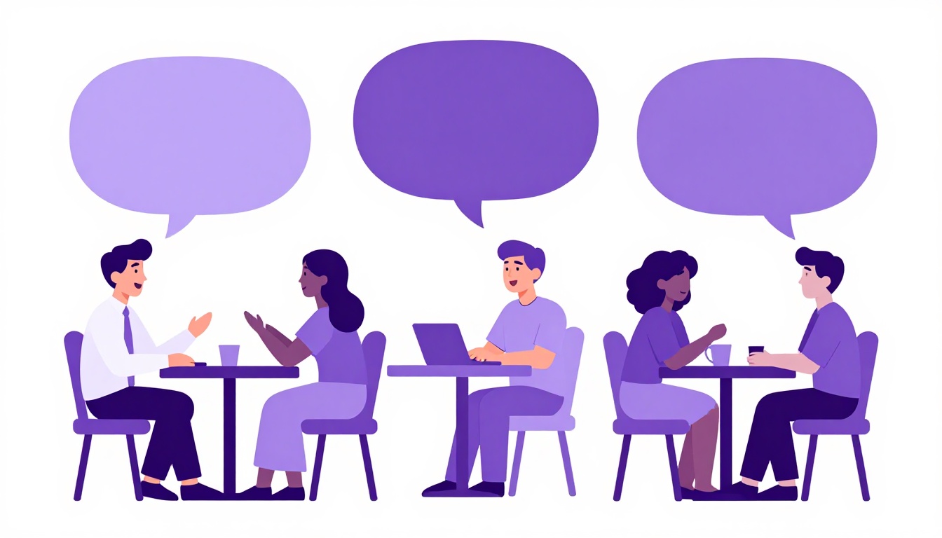Pessoas de diferentes nacionalidades conversando numa mesa de café ao ar livre