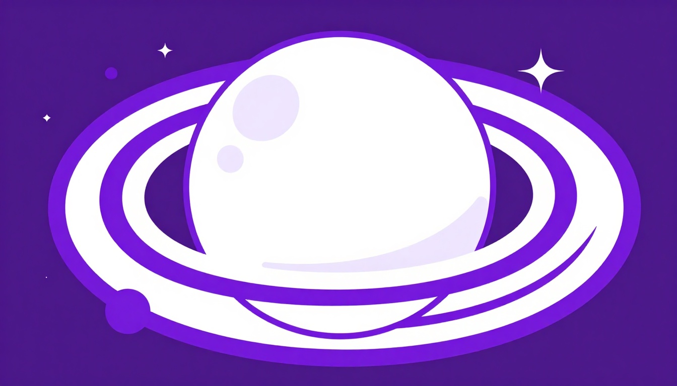 Planeta grande com anéis largos ao redor, no espaço profundo