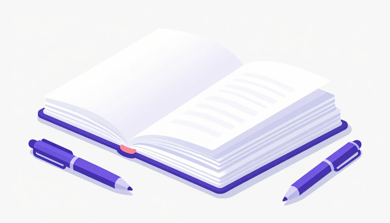 Livros de nomes de bebês abertos ao lado de um caderno e uma caneta em estilo vetorial roxo e branco