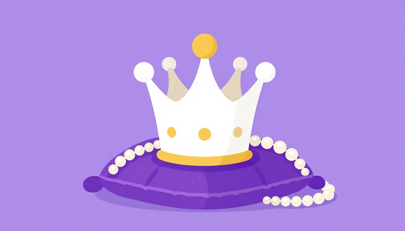 Coroa vintage dourada e um colar de pérolas sobre uma almofada de veludo, estilo vetorial roxo e branco