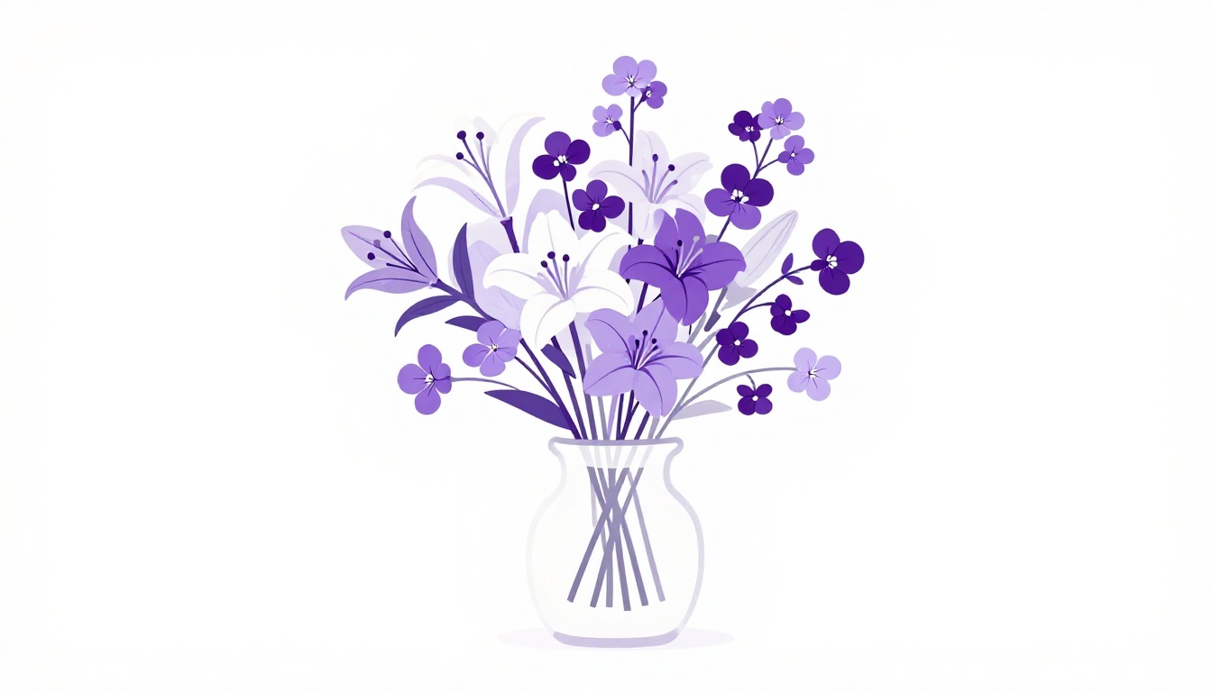 Buquê de flores silvestres com lírios e violetas em um vaso, estilo vetorial roxo e branco
