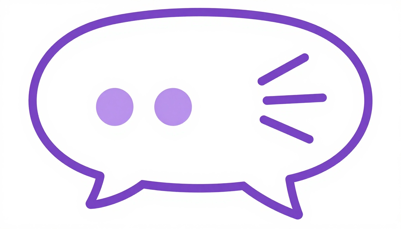 Ícone de balão de fala com ondas sonoras saindo de um formato de boca, sem texto, estilo vetorial roxo e branco
