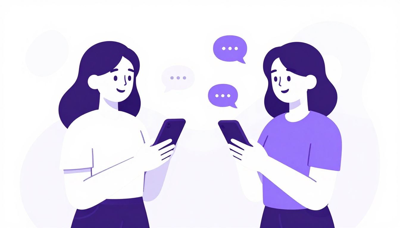 Duas amigas sorrindo e conversando com celulares mostrando balões de chat entre elas, estilo vetorial roxo e branco