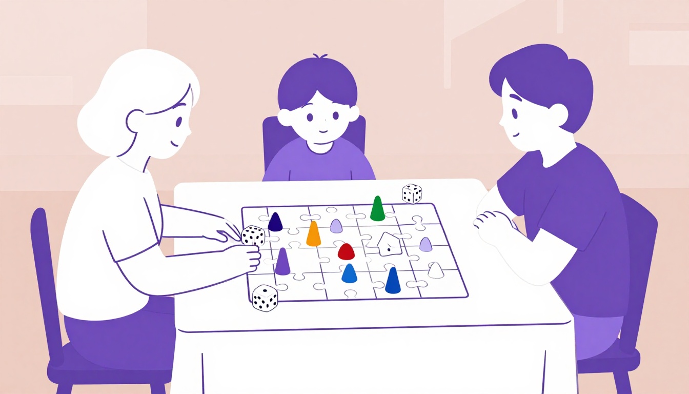 família jogando um jogo de tabuleiro com dados e peças, jogos de tabuleiro em inglês