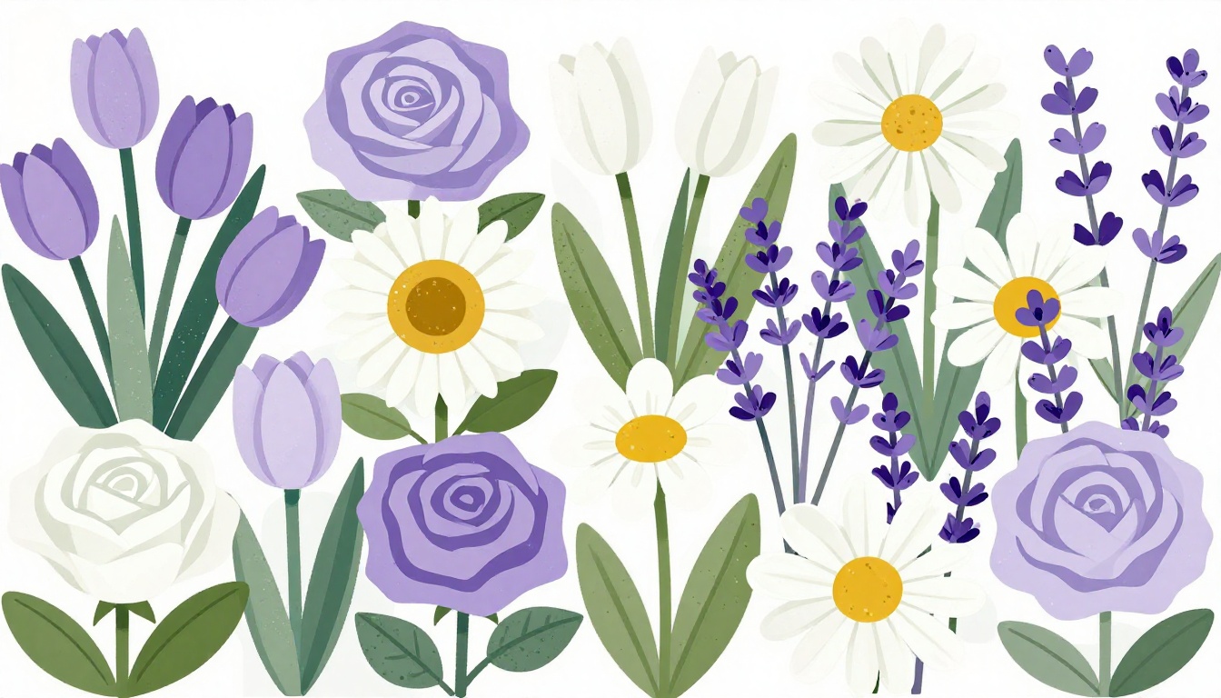 Um jardim cheio de flores diferentes, ilustrando os nomes de flores em inglês