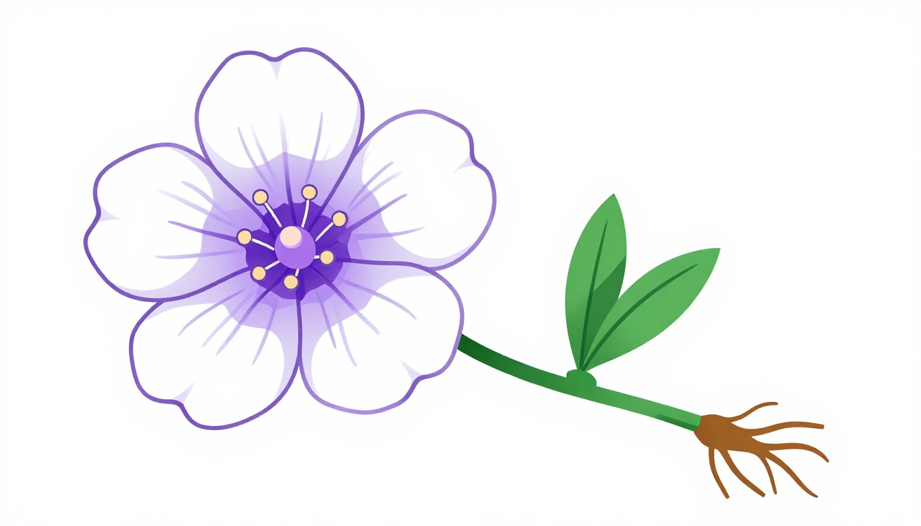 Uma flor com pétalas, caule, folhas e raiz, ilustrando as partes de uma flor em inglês