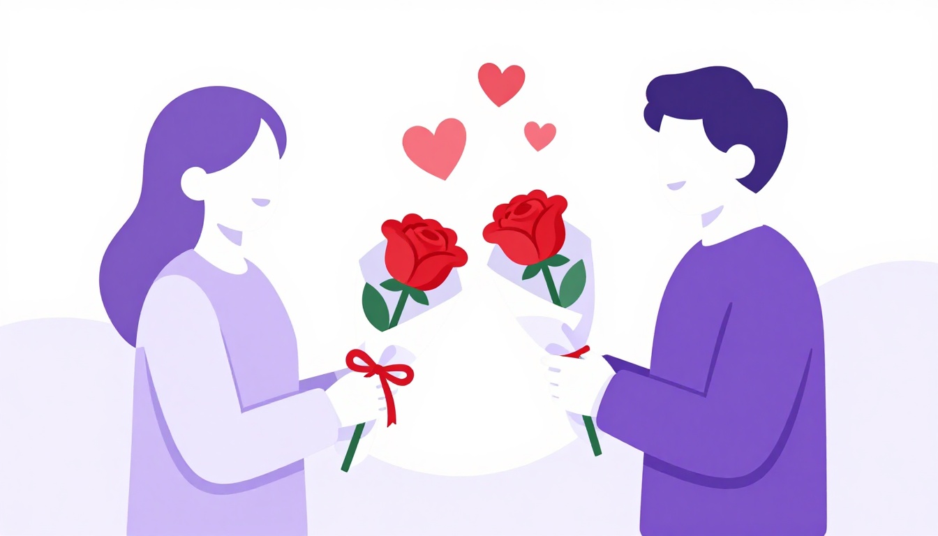 Duas pessoas trocando um buquê de rosas vermelhas, ilustrando o significado das flores
