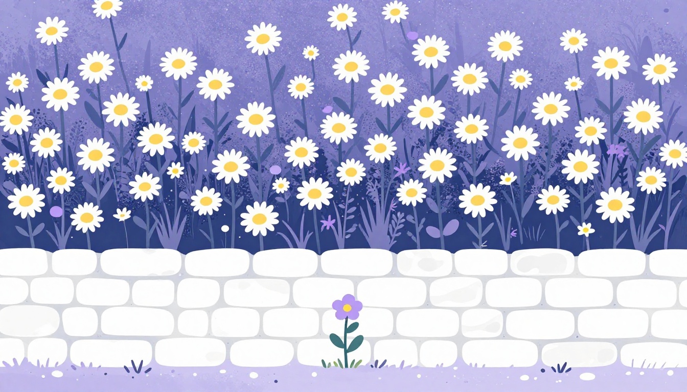 Uma florzinha sozinha ao lado de um muro e um campo de margaridas ao fundo, ilustrando o idiom wallflower